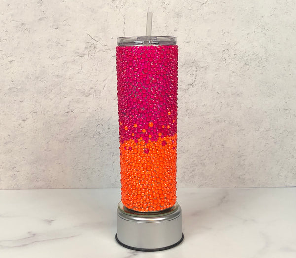 Two Color Ombre 20 oz. tumbler. Colors shown are neon pink (top) & neon orange (bottom) w/ sprinkle fill.